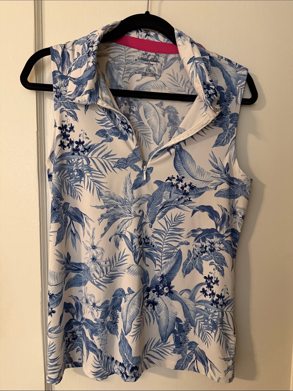 Tommy Bahama White and Blue Tropical Print Sleeveless Polo
